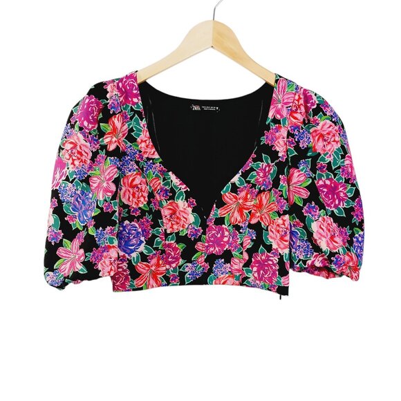 Zara Tops - Zara, Crop Top, Size Small, Floral, Sweetheart Neckline, Short Puffy Sleeves